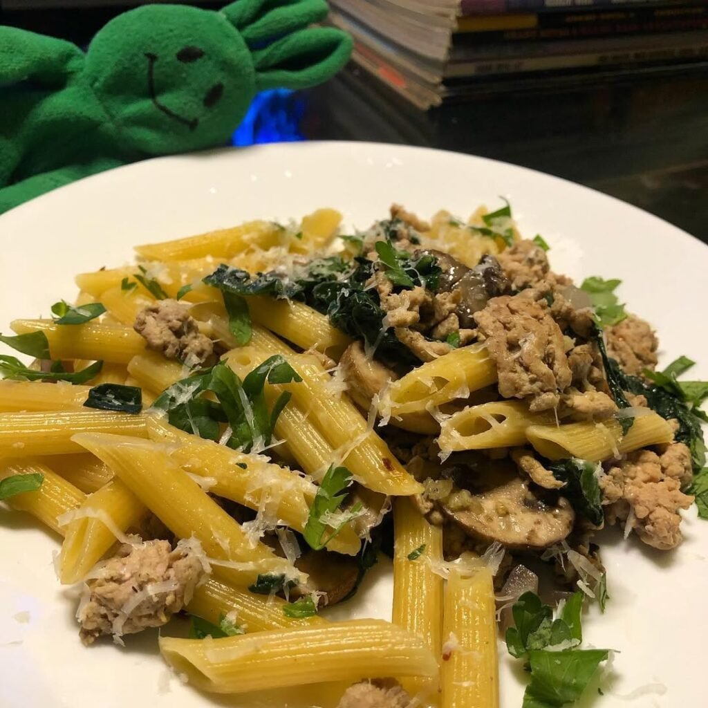 A plate of turkey and spinach pasta medley for dogs