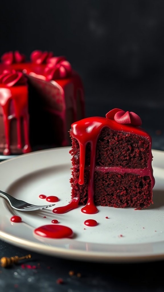 12 Best Halloween Desserts 13 A slice of Vampire Blood Red Velvet Cake with red glaze dripping down, set on a plate.