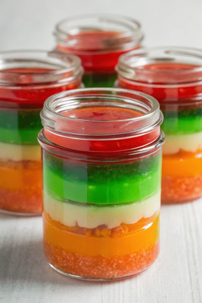 12 Best Halloween Desserts 8 Colorful jars filled with layered gelatin resembling potions for Halloween.