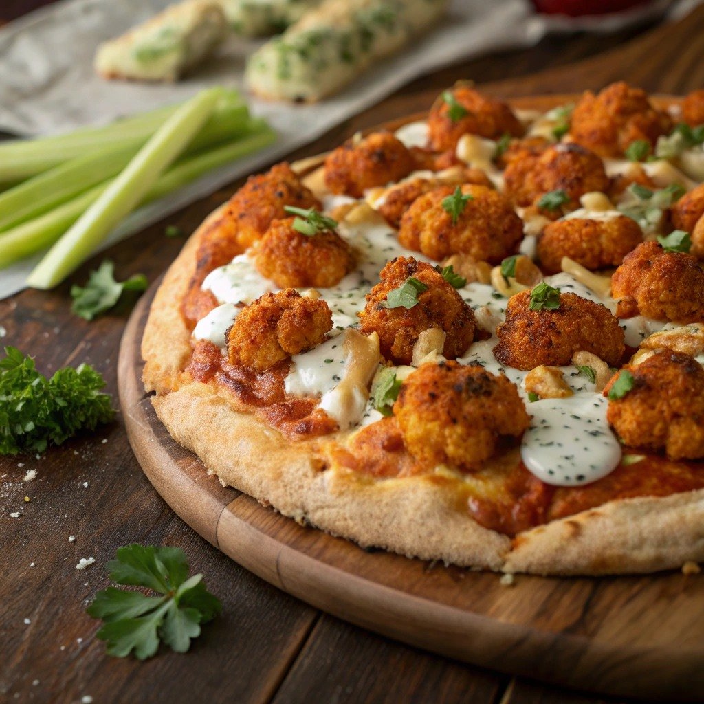 13 Easy And Delicious Grandma Pizza Recipes You Need To Try 10 Buffalo cauliflower pizza with ranch dressing and parsley on a wooden board.