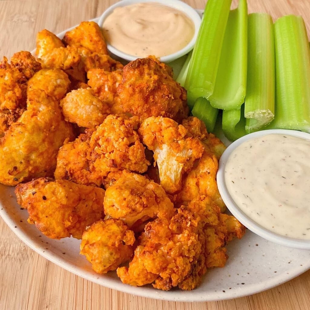 A plate of buffalo cauliflower bites drizzled with creamy sauce