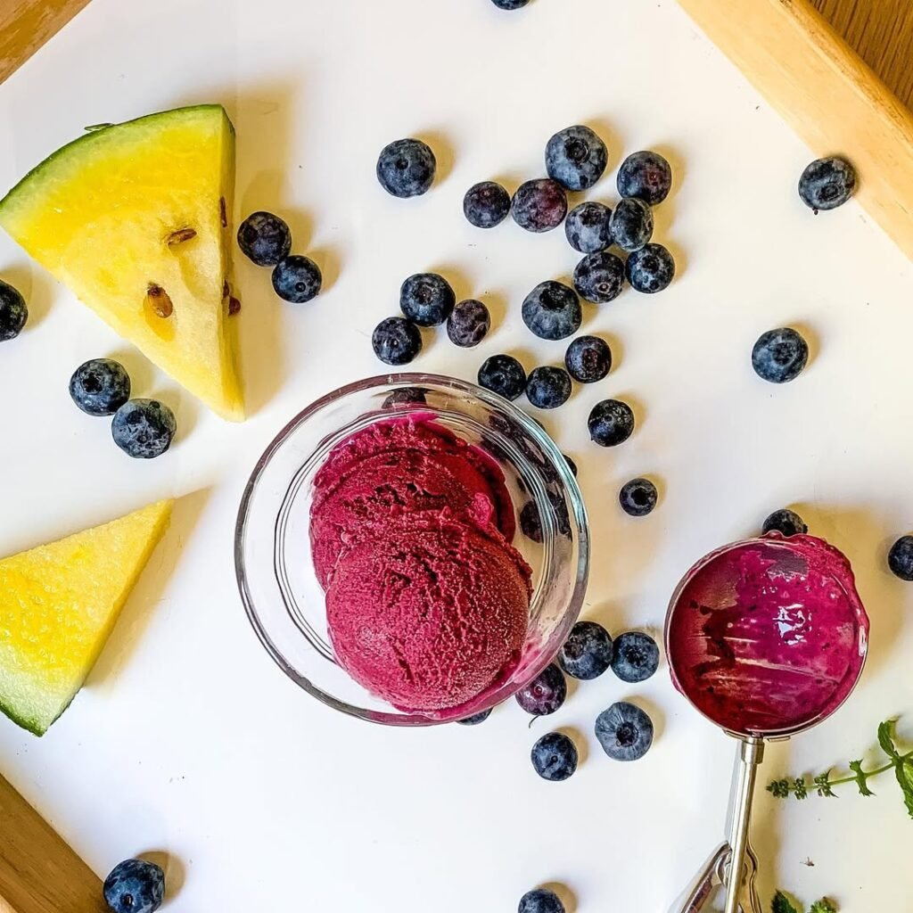 4 Frozen Dog Treats With Blueberries 3 A bowl of coconut blueberry frozen yogurt topped with shredded coconut and fresh blueberries.