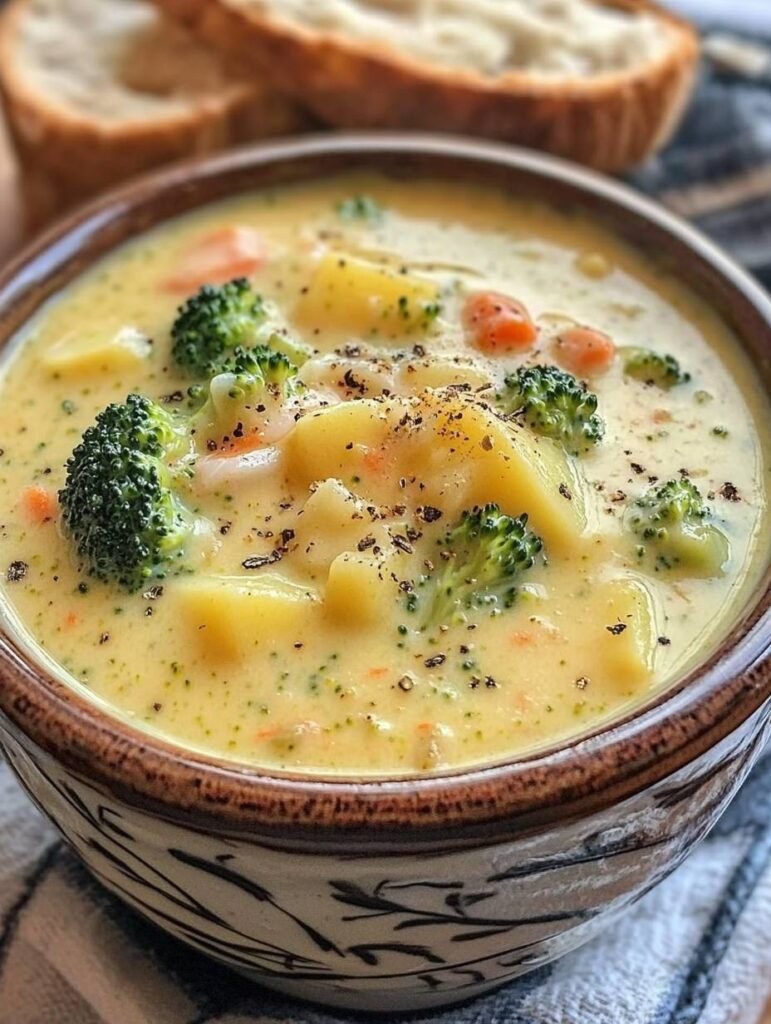 12 Creamy Potato Soup Recipes to Warm Your Soul 6 A bowl of creamy cheddar and broccoli potato soup with cheese and broccoli pieces.