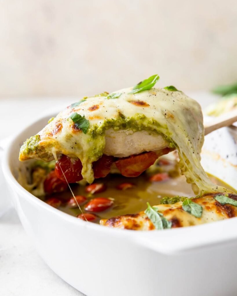 A delicious pesto chicken bake with cherry tomatoes and mozzarella.