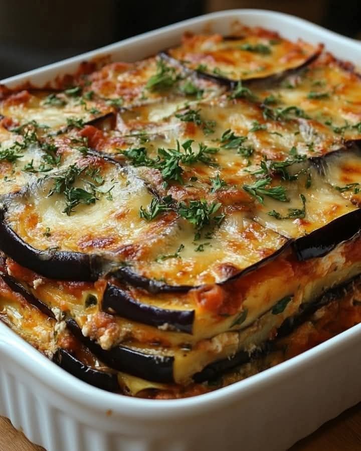 A delicious stack of Eggplant Parmesan Lasagna with layers of cheese and marinara sauce, garnished with a basil leaf.