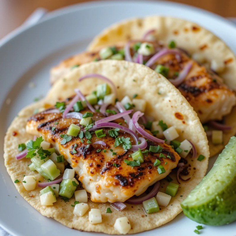 Chili lime grilled fish tacos with lime wedges on a wooden board.