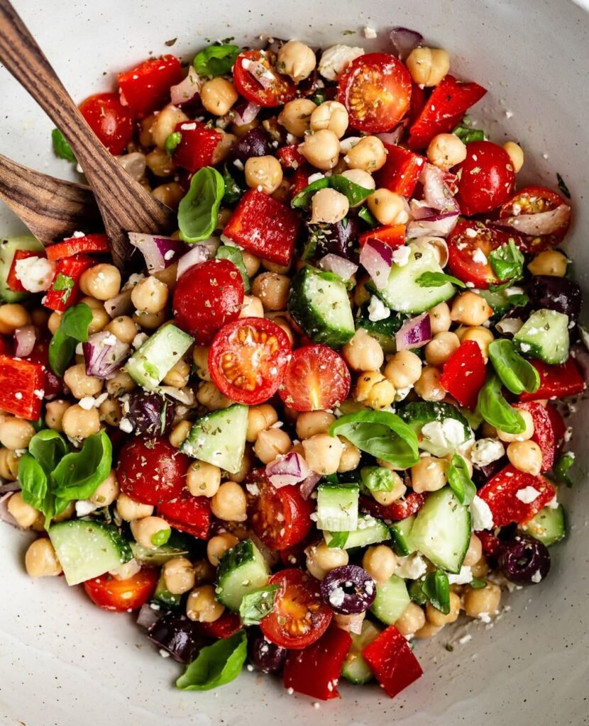 A colorful Mediterranean Chickpea Salad with tomatoes, olives, and feta cheese.