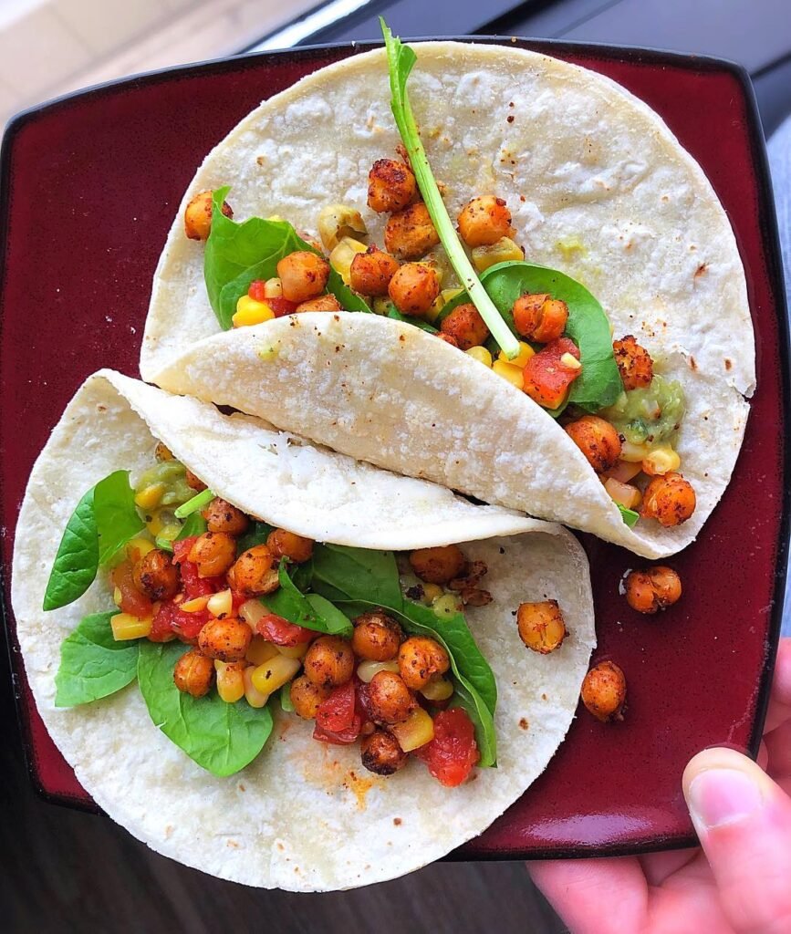 Spicy chickpea tacos with avocado and lime