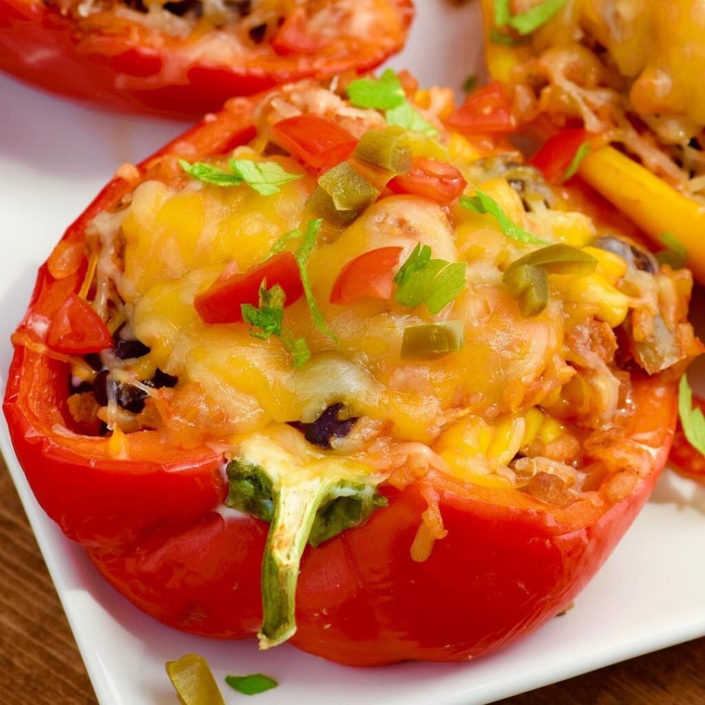 Taco stuffed bell peppers filled with ground meat and topped with cheese.