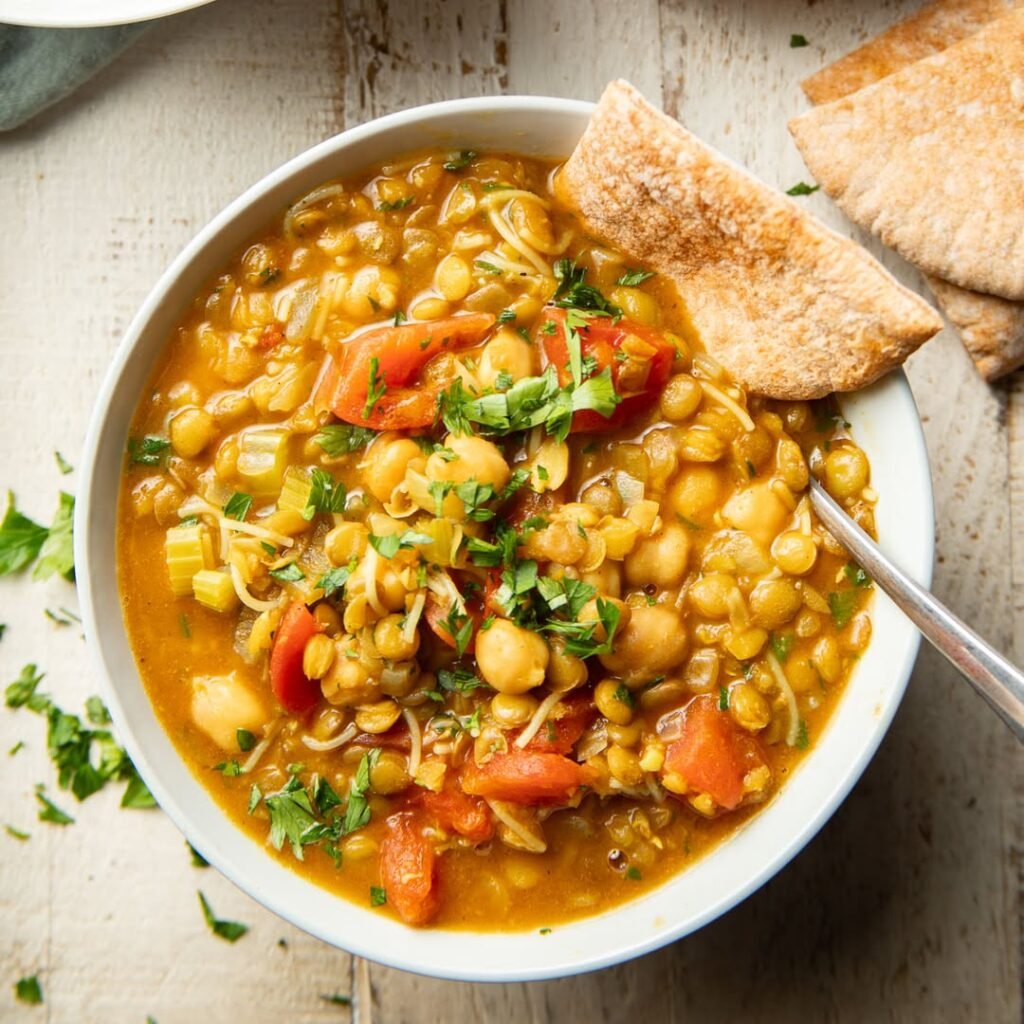 A bowl of Vegetarian Moroccan Harira with lentils, garnished with herbs and served with bread.