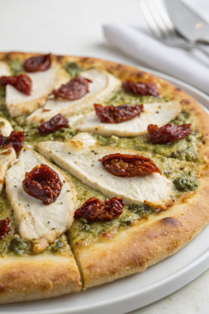 a pesto chicken pizza topped with sun dried tomato corrected