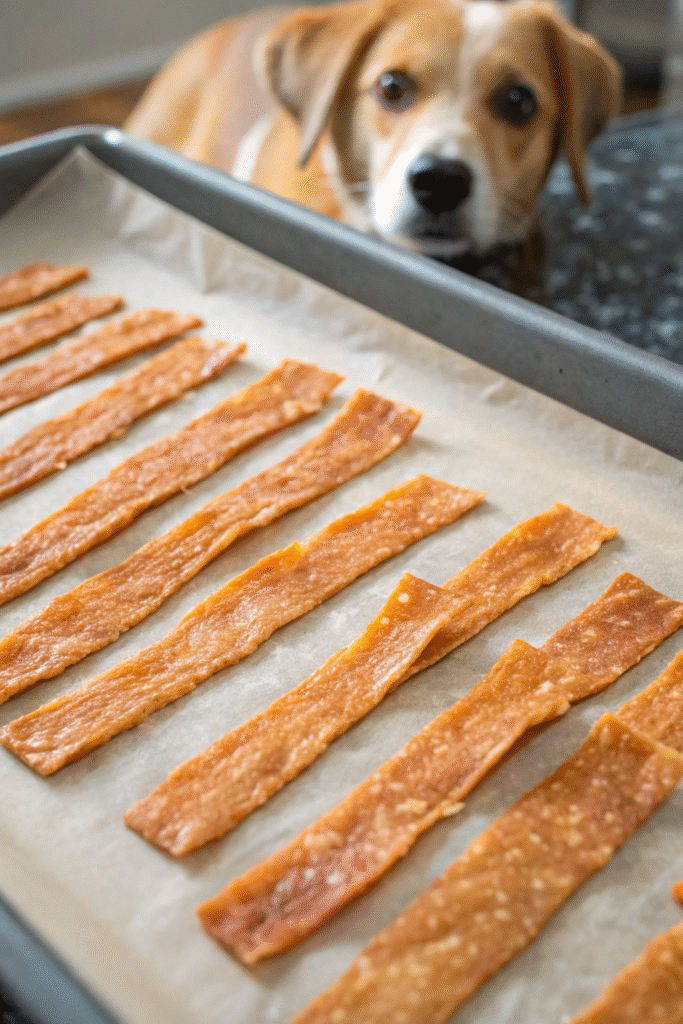 Homemade herbed chicken jerky with parsley on a wooden cutting board.