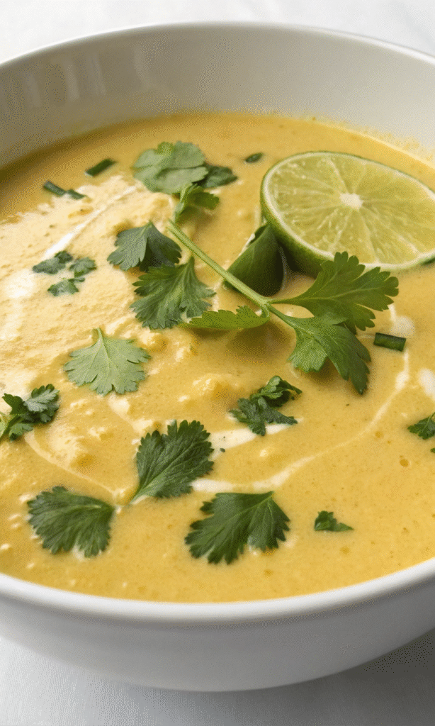 12 Creamy Potato Soup Recipes to Warm Your Soul 5 A bowl of Coconut Curry Potato Soup garnished with cilantro and lime slices.