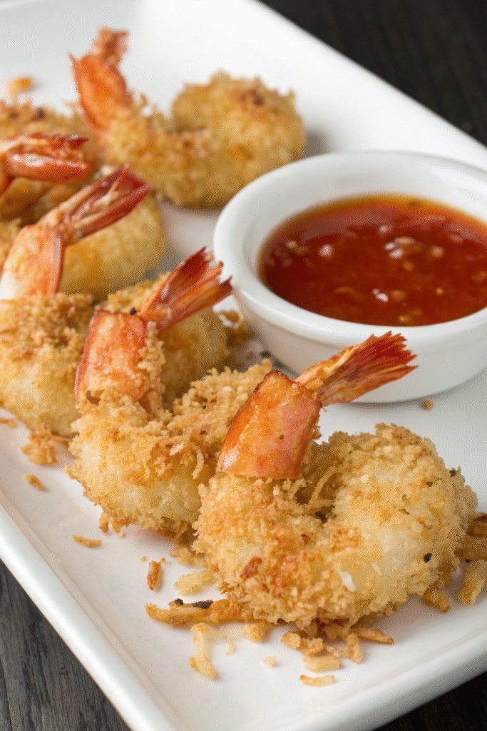 A plate of crispy coconut shrimp served with sweet chili sauce and garnished with cilantro.