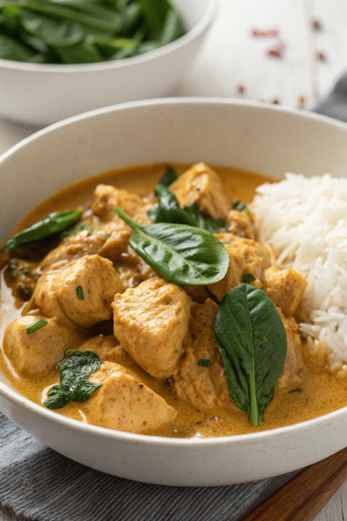 A bowl of coconut curry chicken with spinach served with rice.