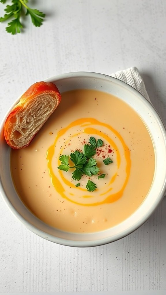 12 Creamy Potato Soup Recipes to Warm Your Soul 7 A bowl of creamy Dijon mustard potato soup garnished with herbs and a slice of bread on the side.
