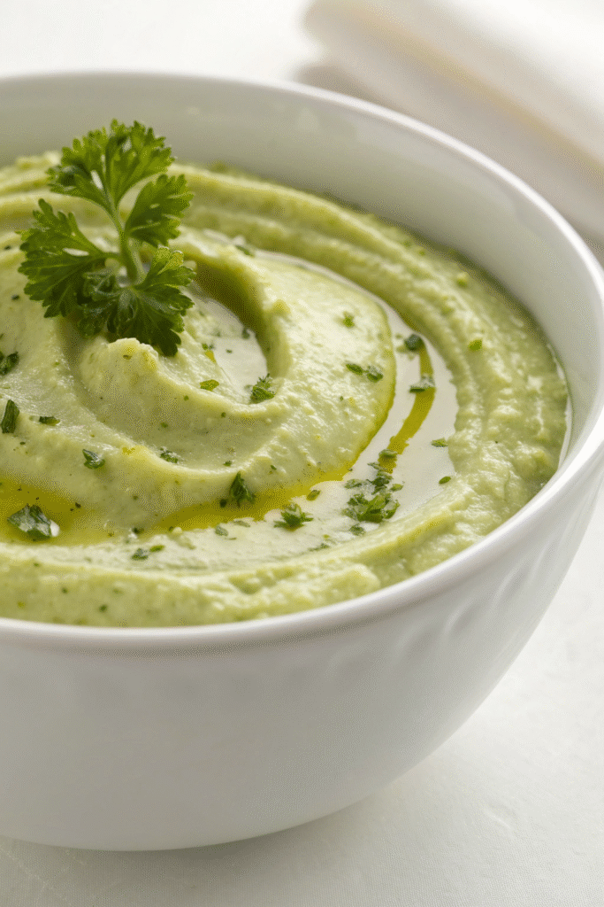 A bowl of fish and pea pudding, creamy and topped with green peas.