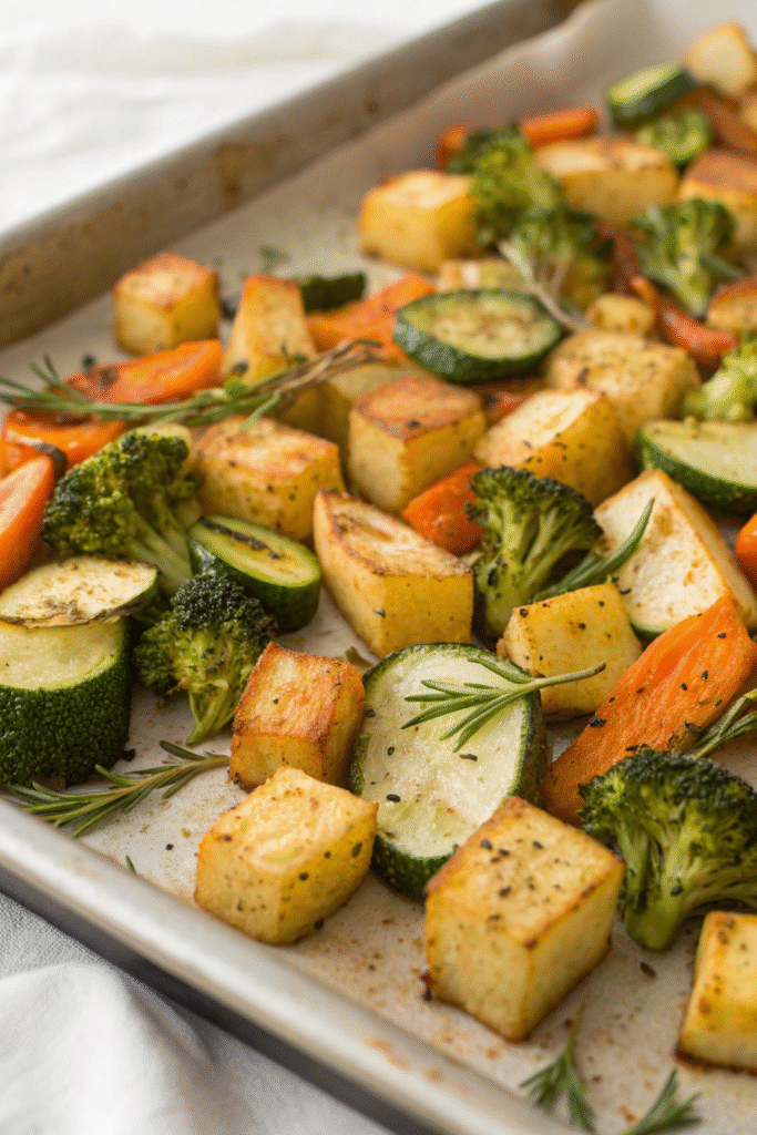A plate of garlic and herb roasted vegetables including carrots, zucchini, broccoli, and potatoes.