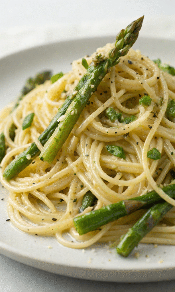10 Delicious Vegetarian Pasta Recipes to Savor 5 A plate of lemon garlic spaghetti topped with asparagus.