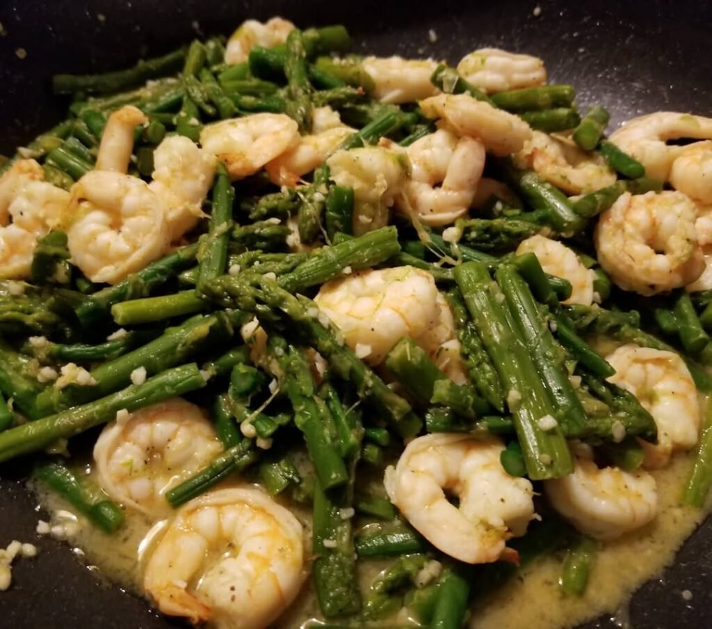 Garlic Butter Shrimp and Asparagus in a skillet