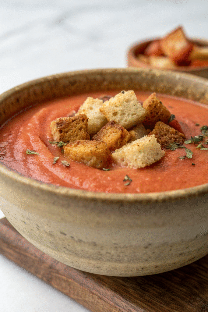 A bowl of chilled gazpacho topped with croutons and fresh herbs, set in a bright kitchen.