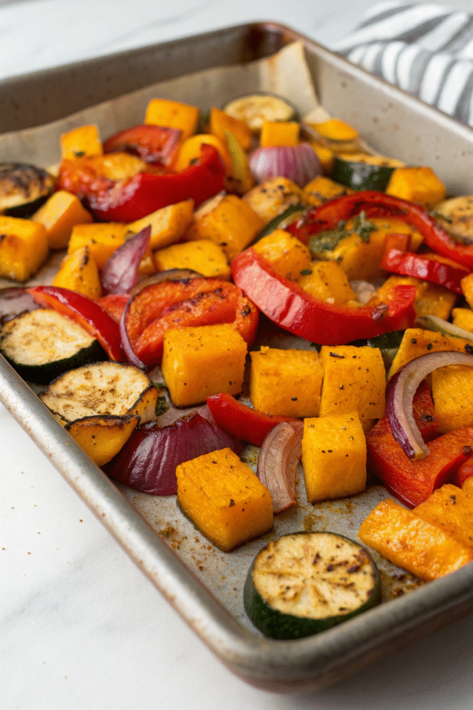A platter of colorful roasted vegetables drizzled with balsamic glaze.