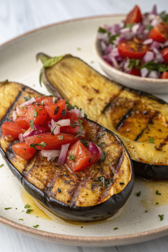 Grilled eggplant topped with fresh tomato salsa on a white plate