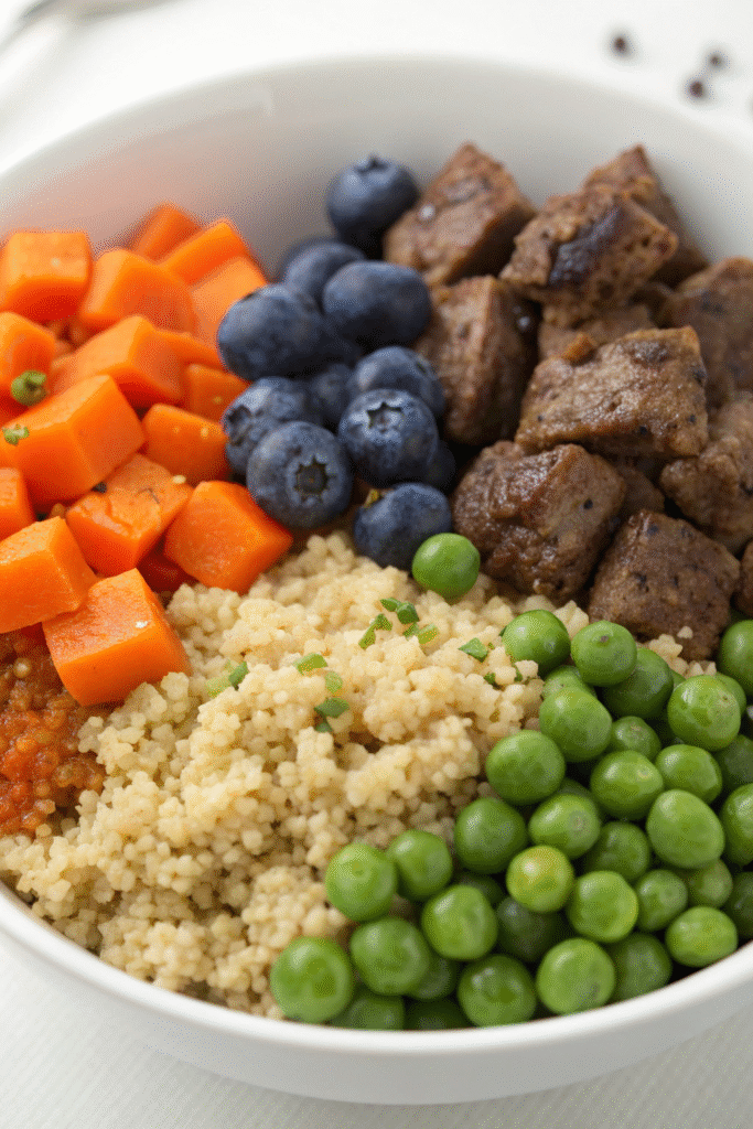 A nourishing bowl of lamb and quinoa with colorful vegetables, perfect for sensitive dogs.