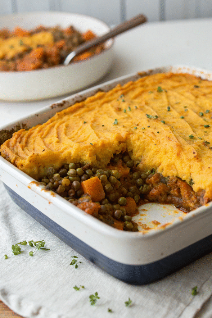 8 Meatless Monday Recipes To Try Tonight 9 A delicious Lentil and Sweet Potato Shepherd's Pie in a baking dish, topped with mashed sweet potatoes and garnished with parsley.