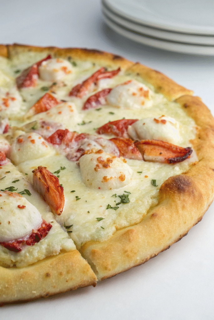 Gourmet pizza topped with lobster and lemon zest