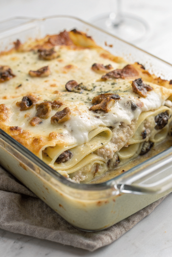 A delicious mushroom and truffle lasagna served in a rustic dish, garnished with herbs and surrounded by fresh ingredients.