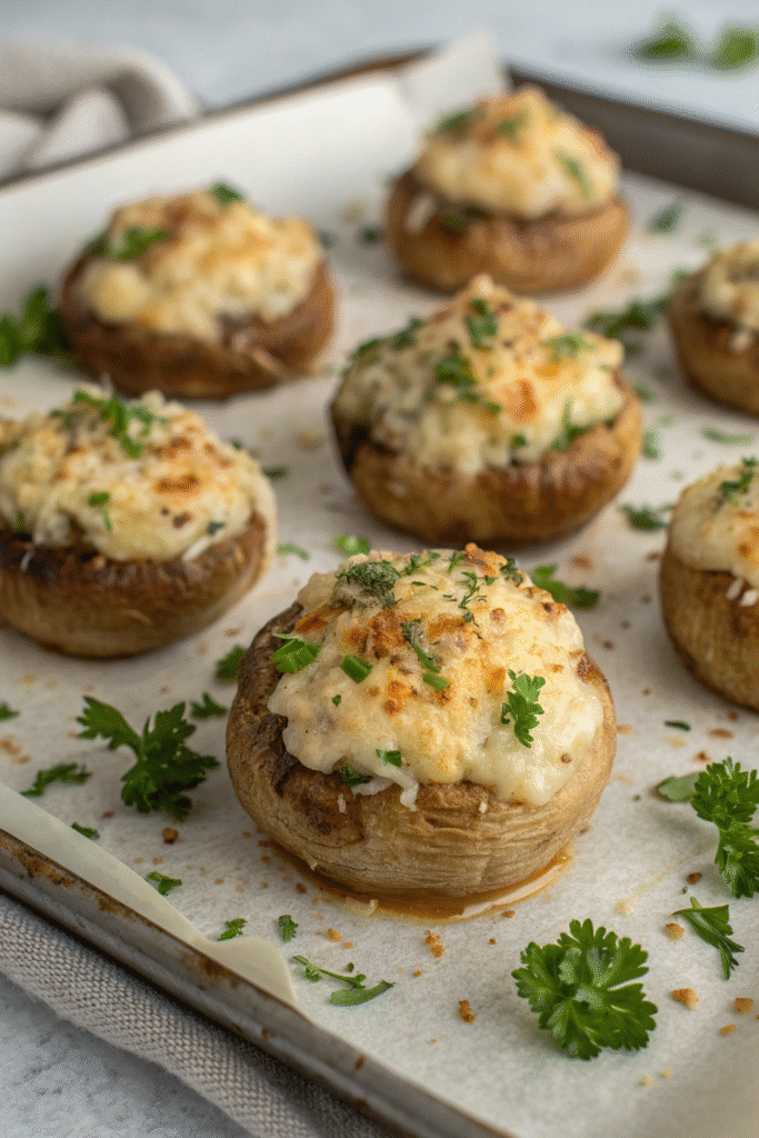 Stuffed mushroom caps filled with cream cheese and garnished with parsley.