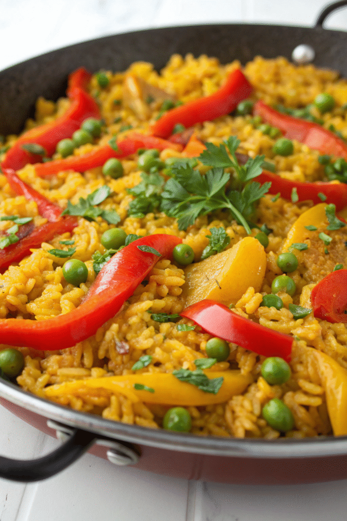 12 Delicious Birthday Dinner Recipes You’ll Love 3 A vibrant vegetable paella with saffron rice, featuring colorful bell peppers and green peas.
