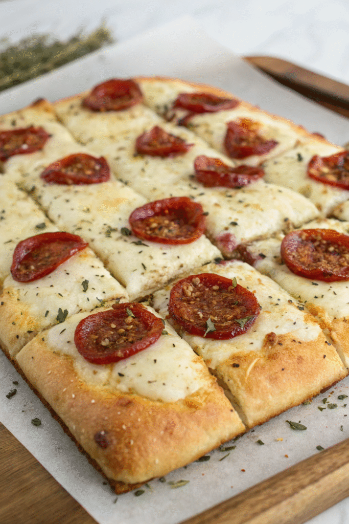A delicious focaccia topped with spicy pepperoni and melted mozzarella cheese.