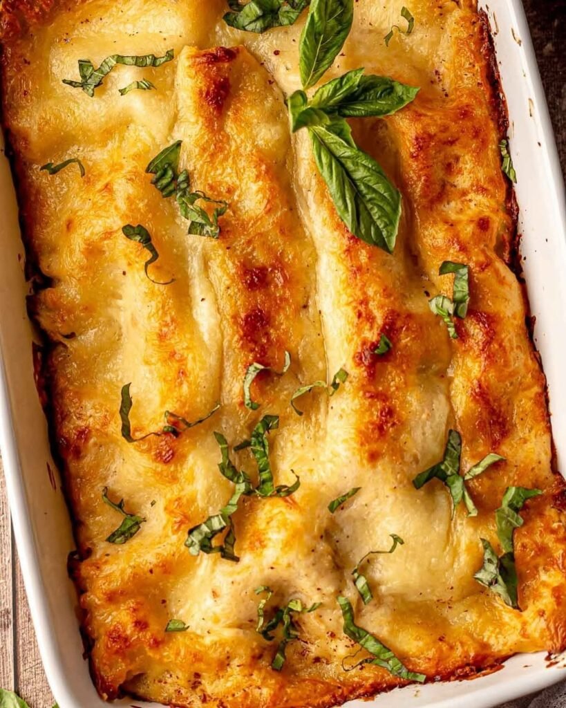 A delicious stack of pesto chicken lasagna with layers of cheese and fresh basil on top.