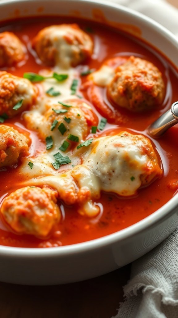 13 Delicious Recipes to Make with Tomato Soup 2 A bowl of tomato soup with meatballs and melted cheese.