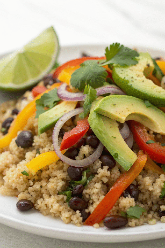 A colorful bowl of spicy quinoa and black bean stir-fry topped with avocado and cilantro.