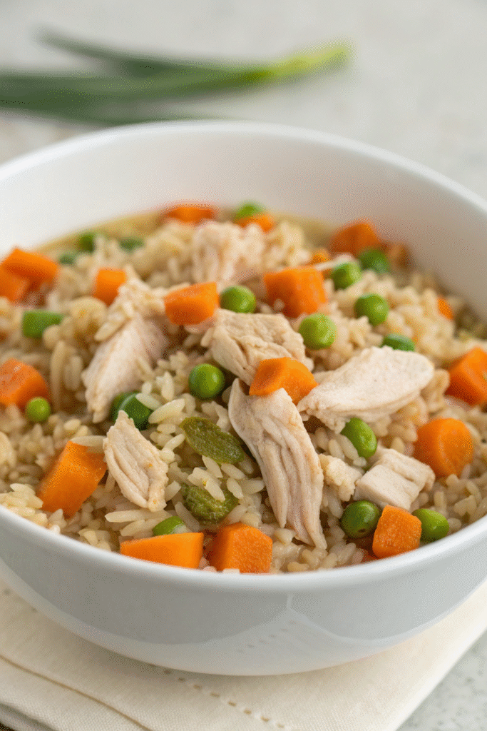 A pot of chicken and rice stew with vegetables, ready for serving.