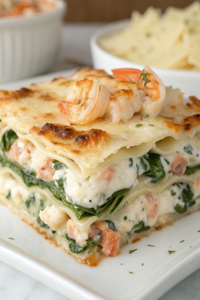 A delicious seafood lasagna with shrimp and scallops, garnished with herbs.