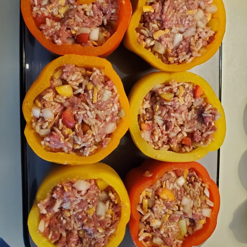 Stuffed bell peppers filled with brown rice and vegetables