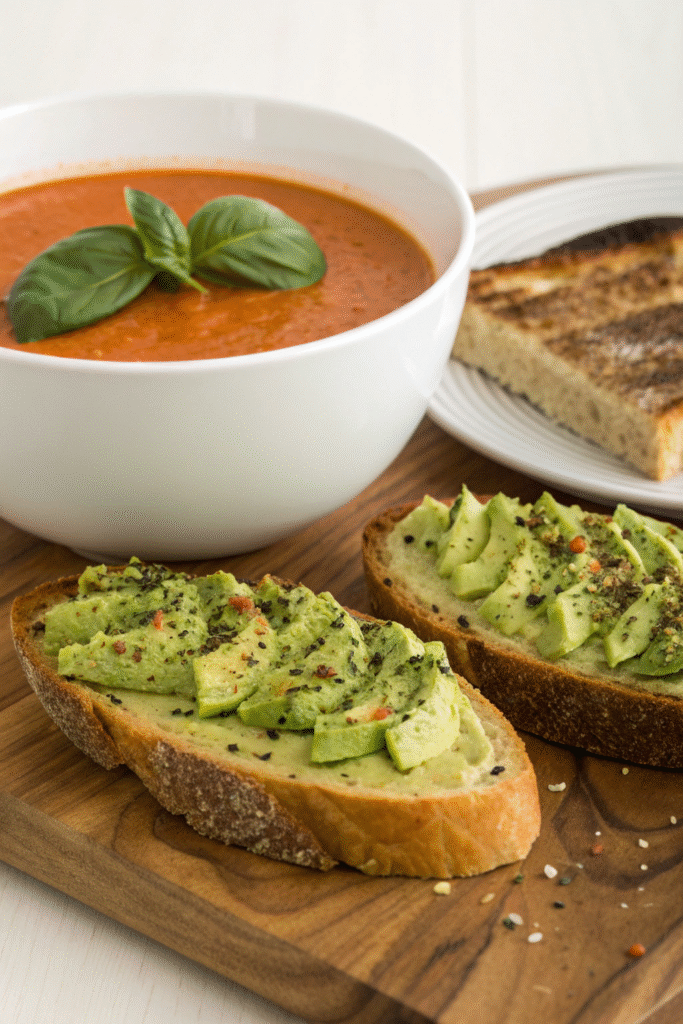13 Delicious Recipes to Make with Tomato Soup 12 A bowl of tomato soup next to a plate of avocado toast.