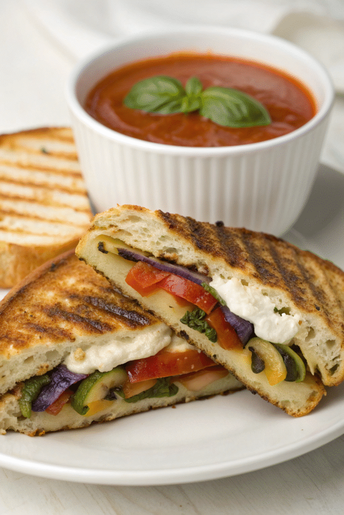 13 Delicious Recipes to Make with Tomato Soup 14 A grilled vegetable panini served with a bowl of tomato soup.