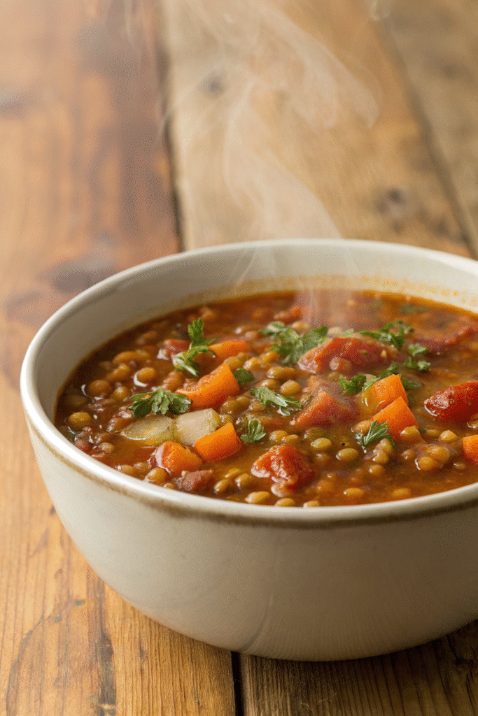 13 Delicious Recipes to Make with Tomato Soup 11 A bowl of tomato soup with lentils, garnished with parsley.