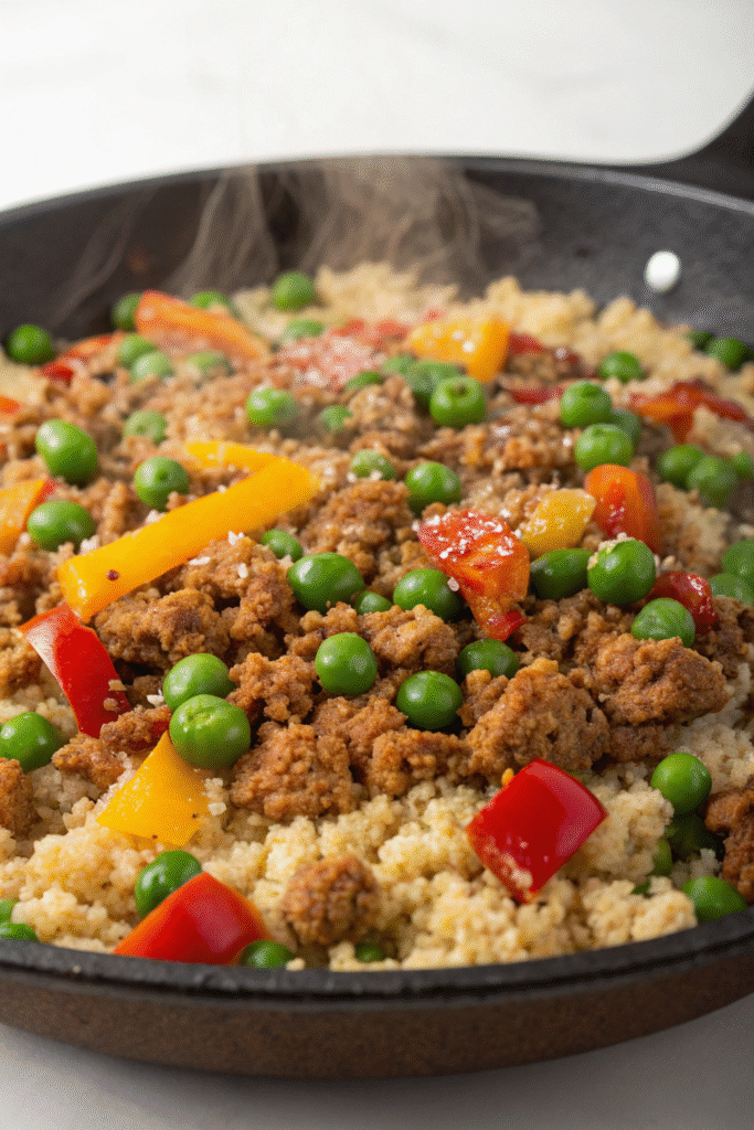 A bowl of turkey and quinoa medley with colorful vegetables.
