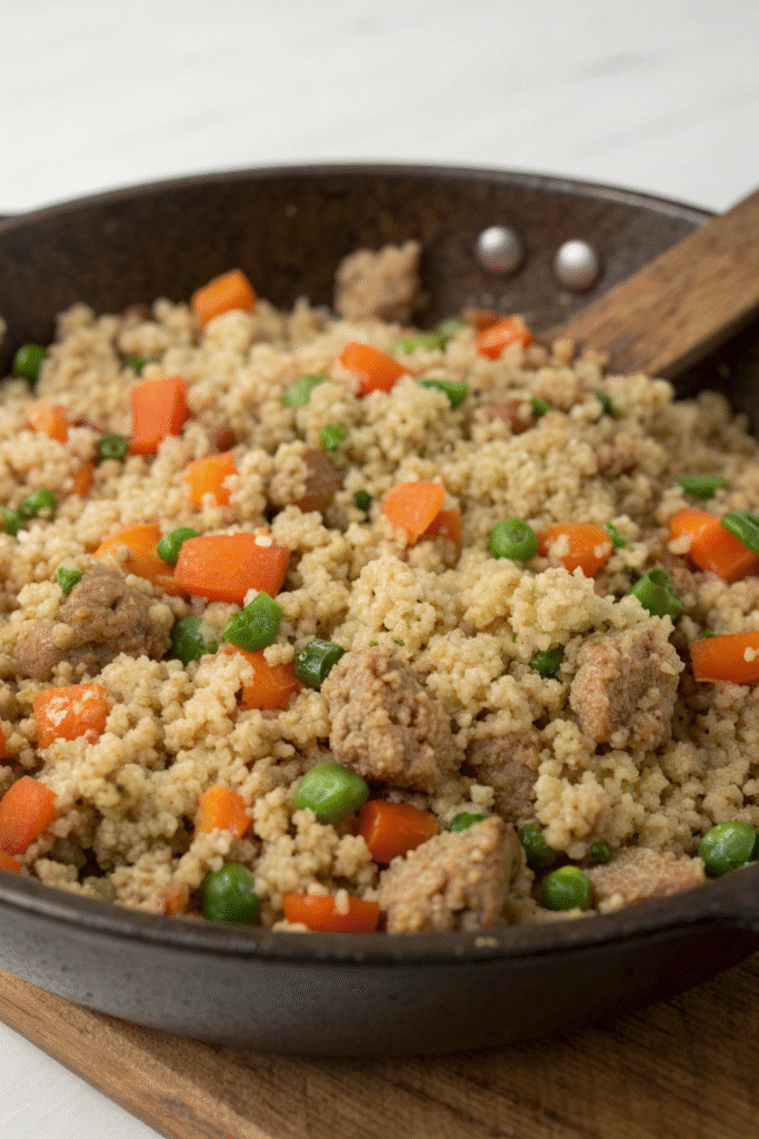 A bowl of turkey and quinoa mix for dogs, garnished with parsley.