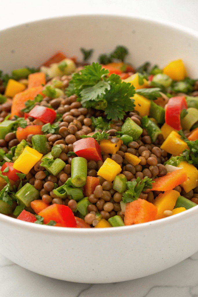 A colorful bowl of vegetable and lentil medley with fresh ingredients.