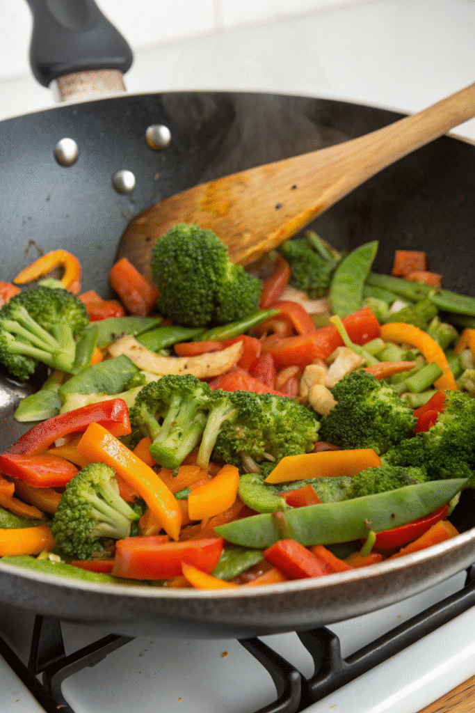 A colorful vegetable stir-fry with broccoli, carrots, and bell peppers in a skillet.