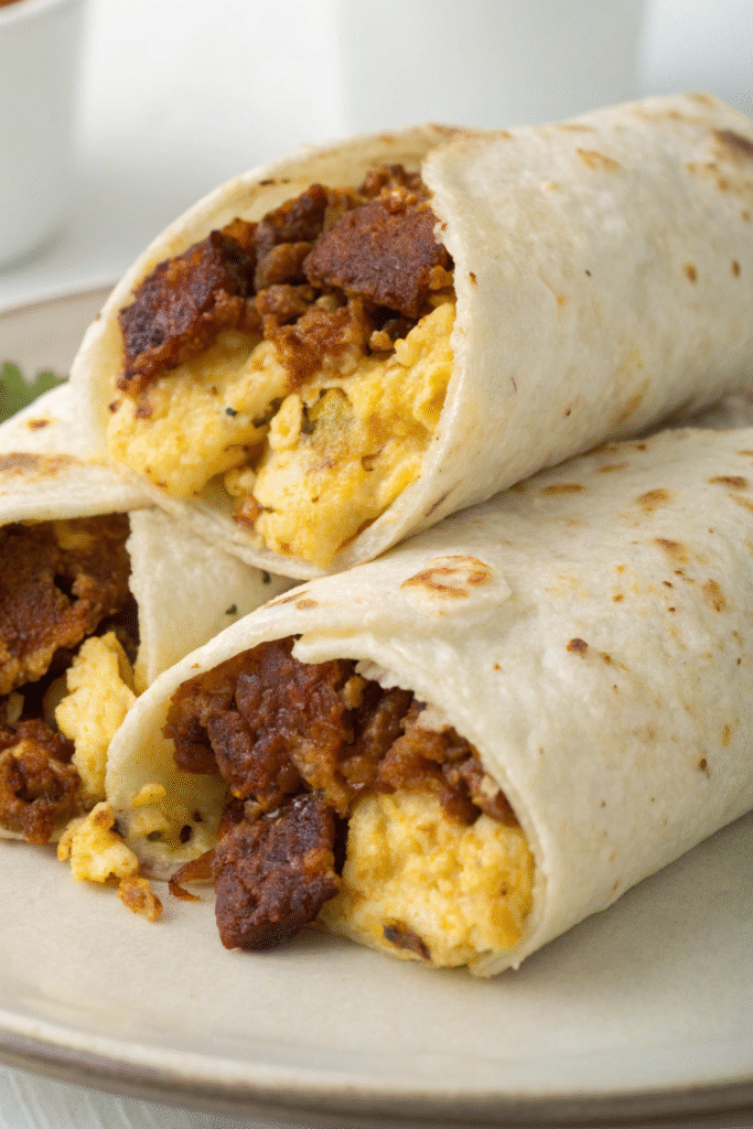 Chorizo and egg breakfast burrito with salsa on the side