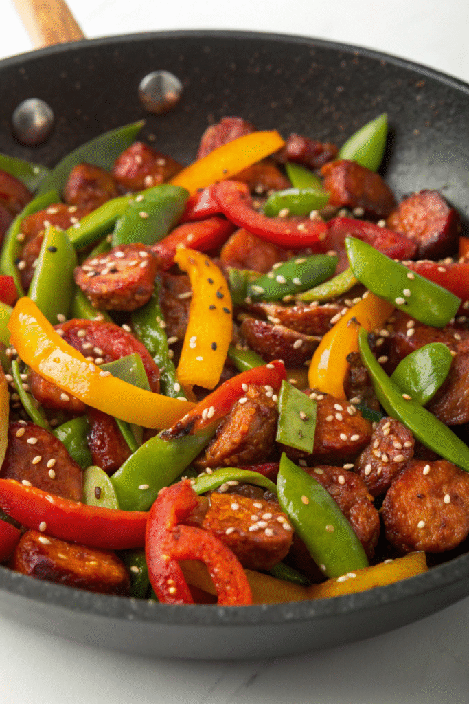 Chorizo and vegetable stir-fry in a skillet