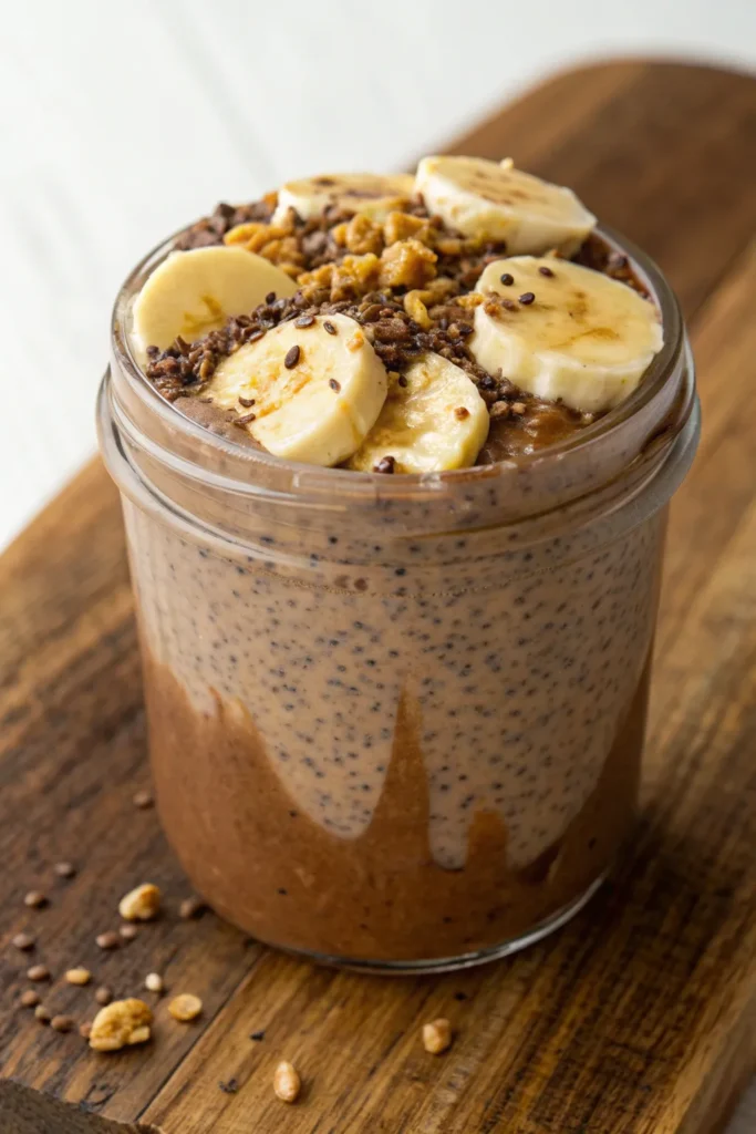 Chocolate Peanut Butter Chia Pudding – Creamy, Healthy 2 a glass jar filled with creamy chocolate peanut bu